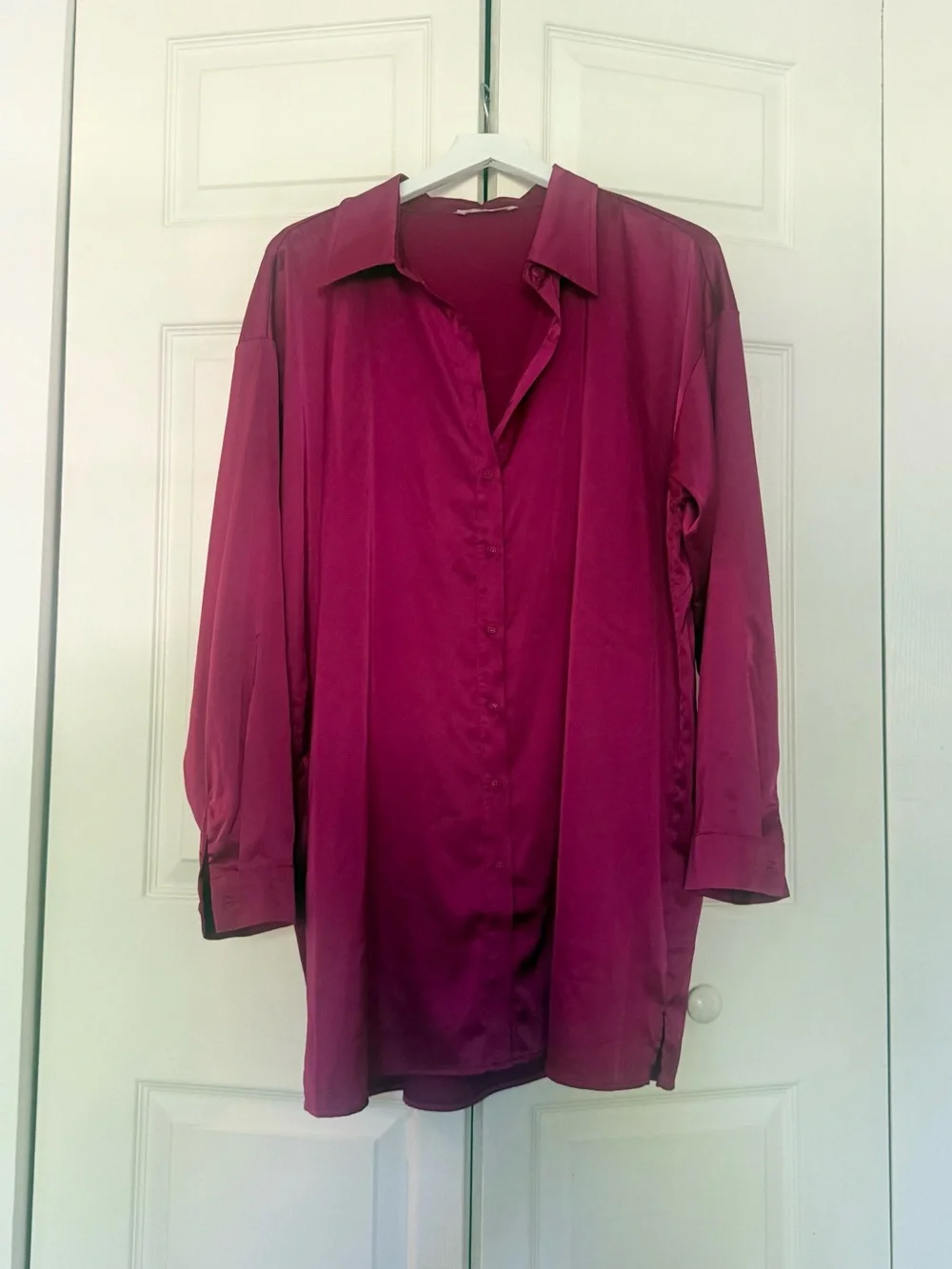 12th Tribe Hot Pink Satin Shiny Shirt Dress Button Down Collared Mini Large - Picture 2 of 8